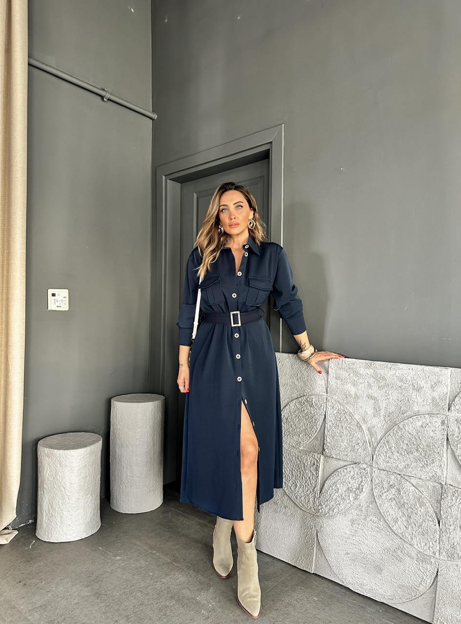Lacivert Kemerli Düğmeli Orijinal Elbise