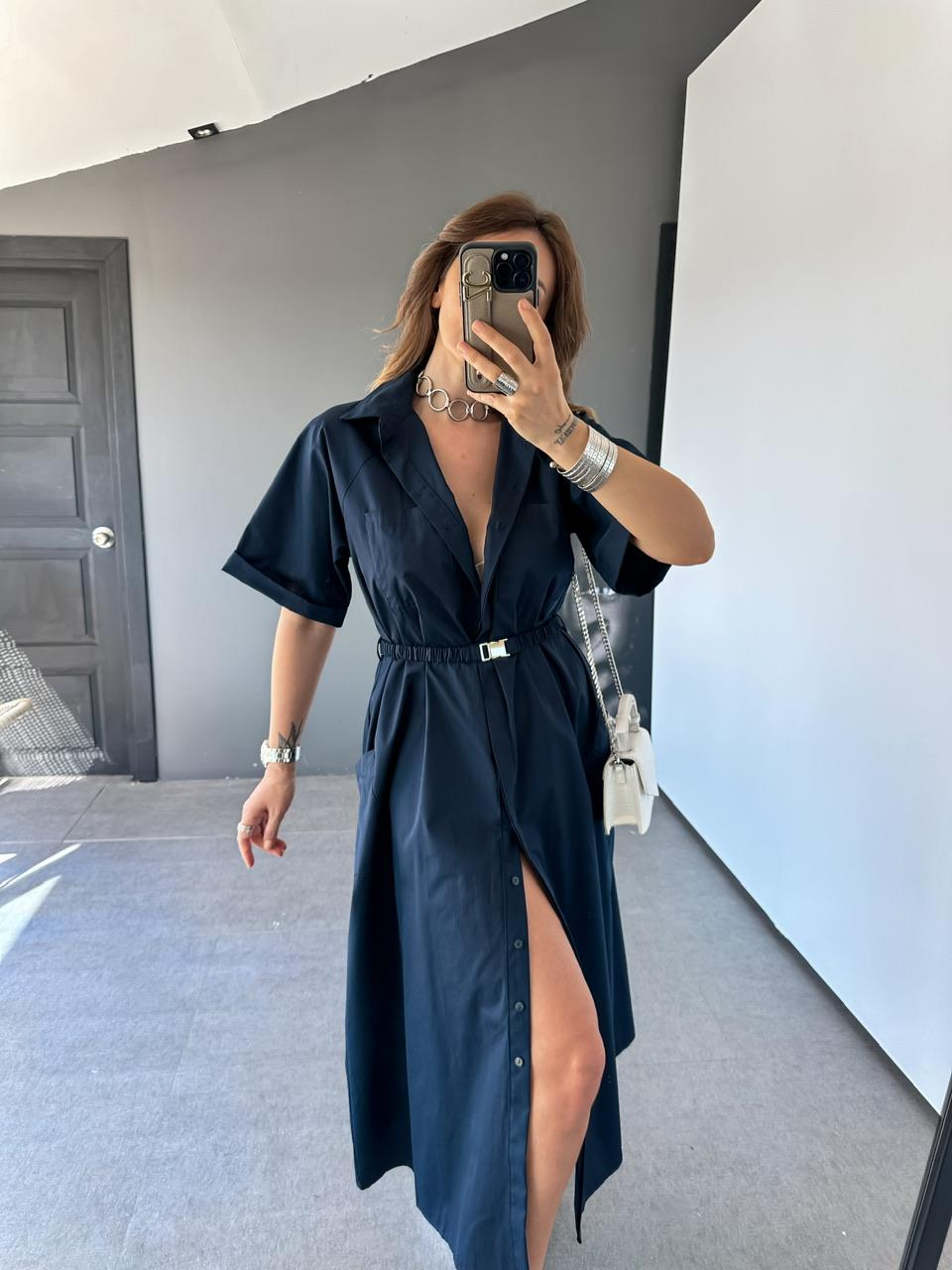 Lacivert Kemerli Düğmeli Poplin Elbise