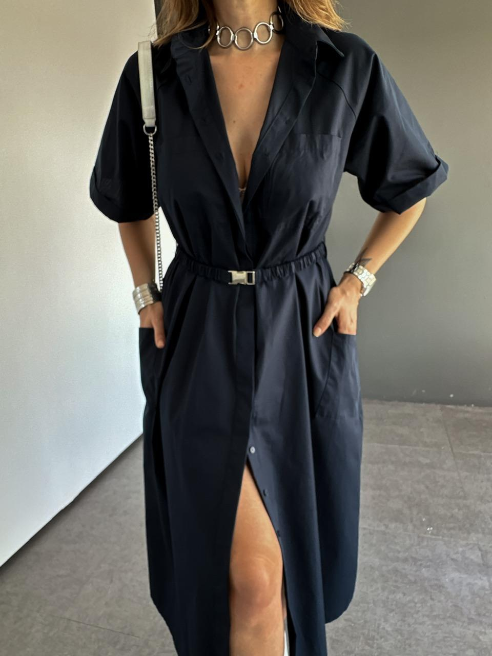 Lacivert Kemerli Düğmeli Poplin Elbise