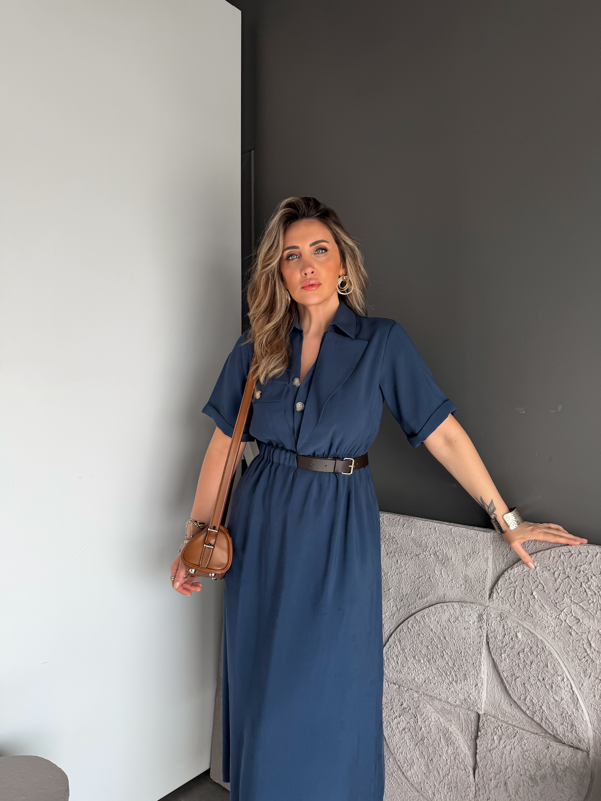 Lacivert Kemerli Tek Cepli Tasarım Elbise