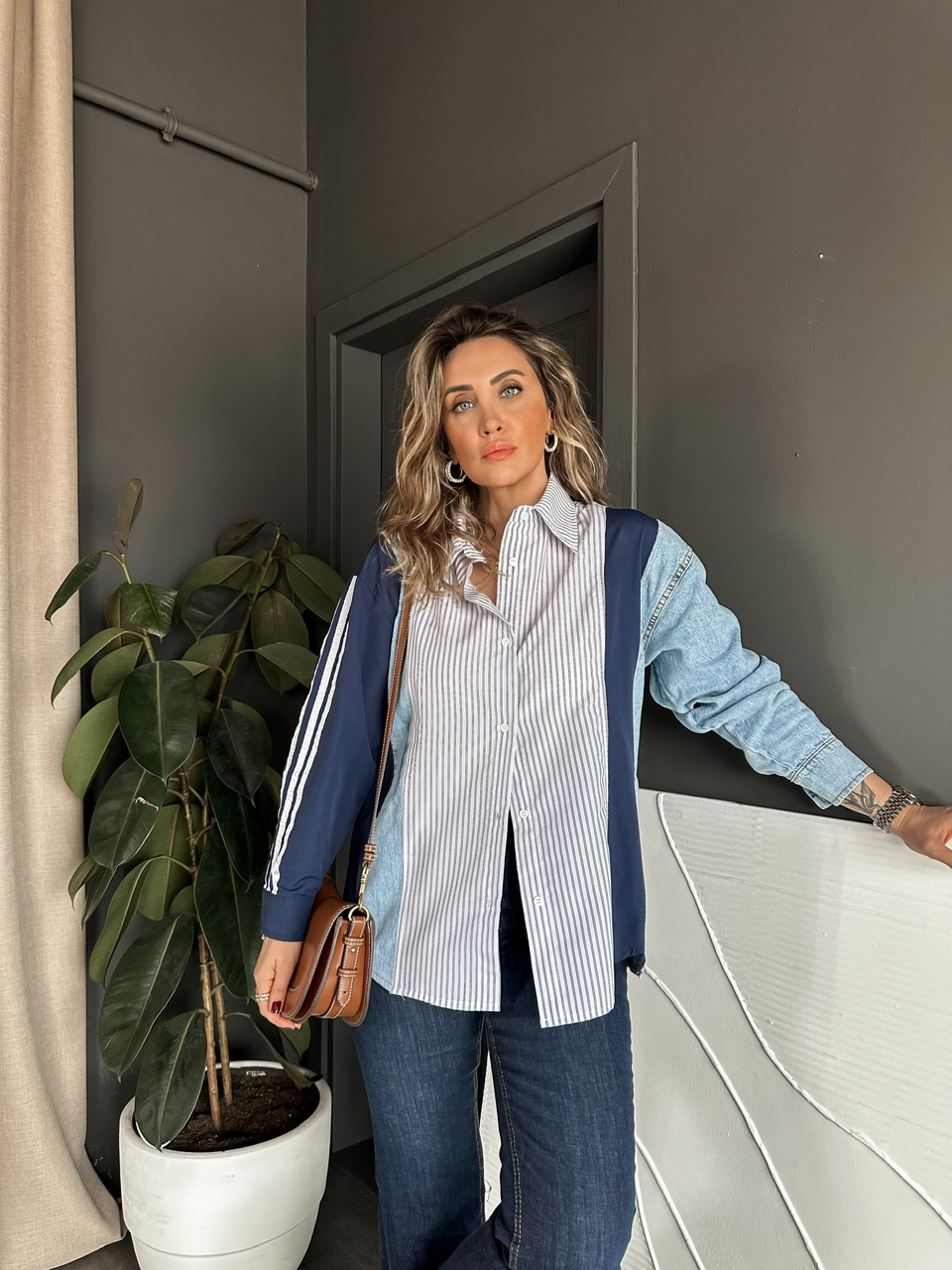 Lacivert Kot Parçalı Çizgili Gömlek