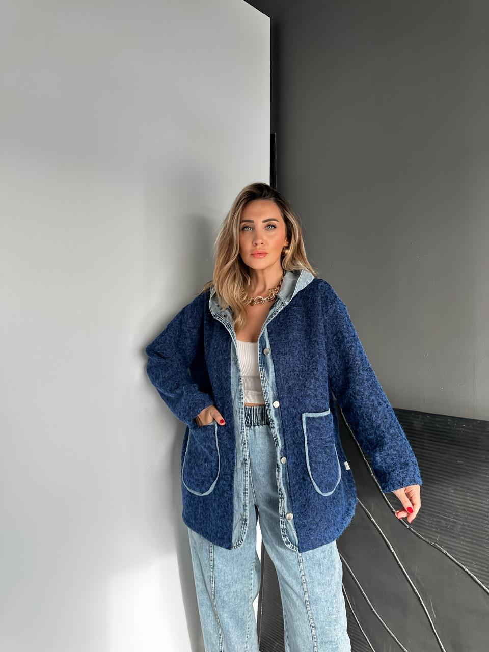 Lacivert Kot Parçalı Kapşonlu Teddy Mont