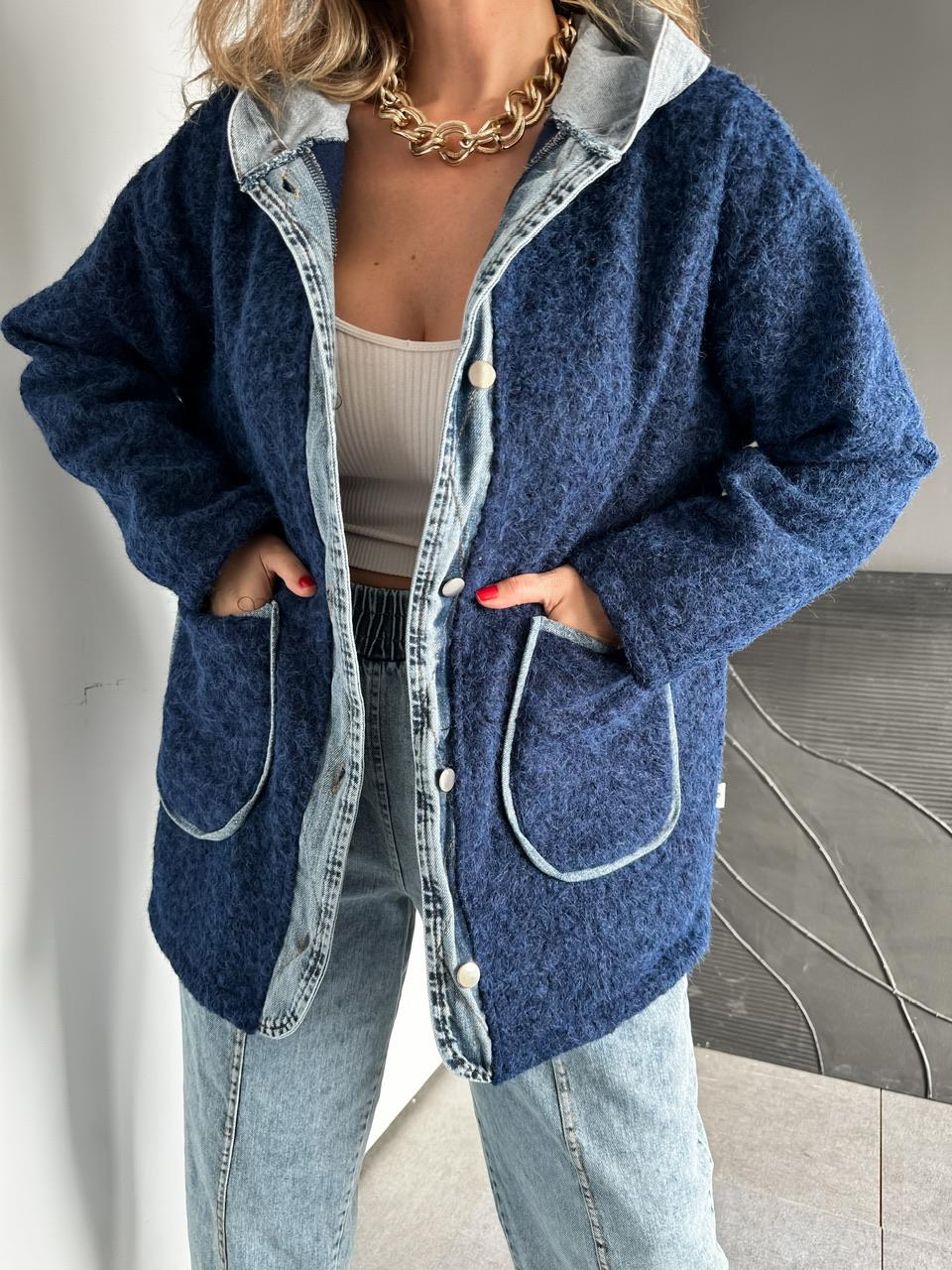 Lacivert Kot Parçalı Kapşonlu Teddy Mont