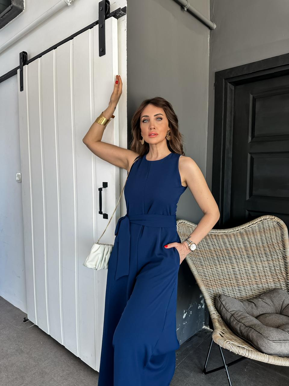 Lacivert Kuşaklı Bol Paça Tulum