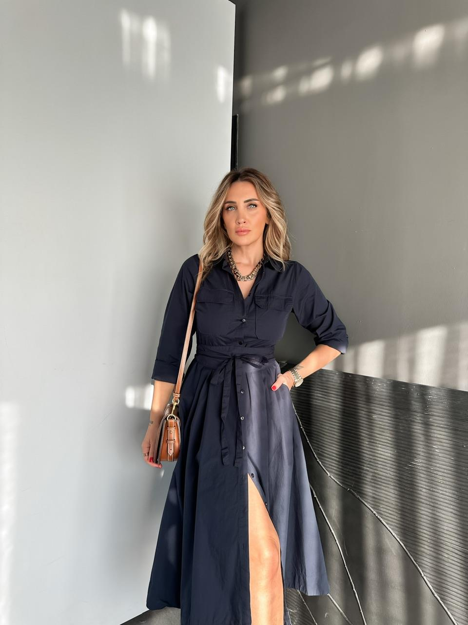 Lacivert Kuşaklı Gömlek Elbise