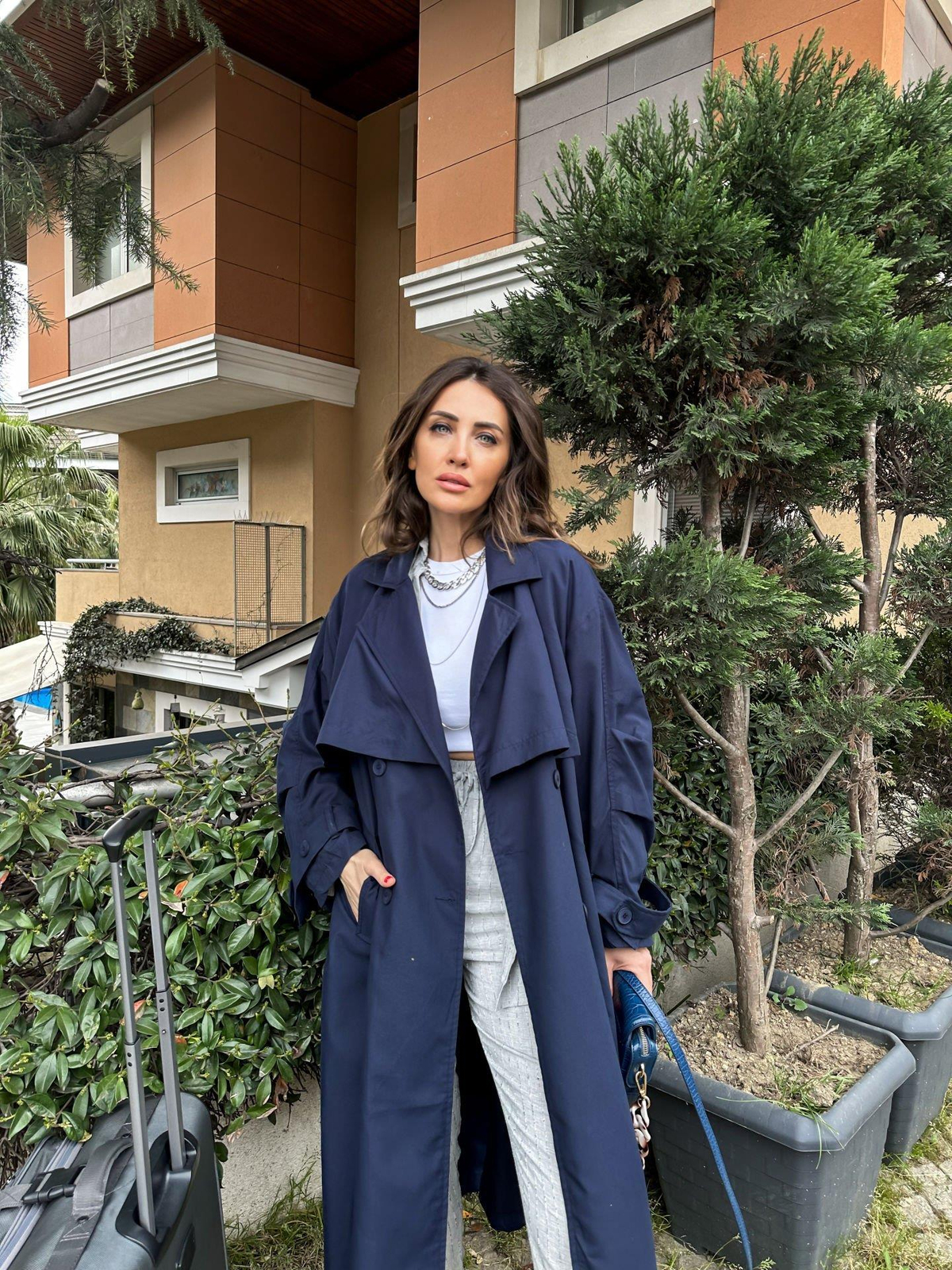 Lacivert Kuşaklı Oversize Trençkot