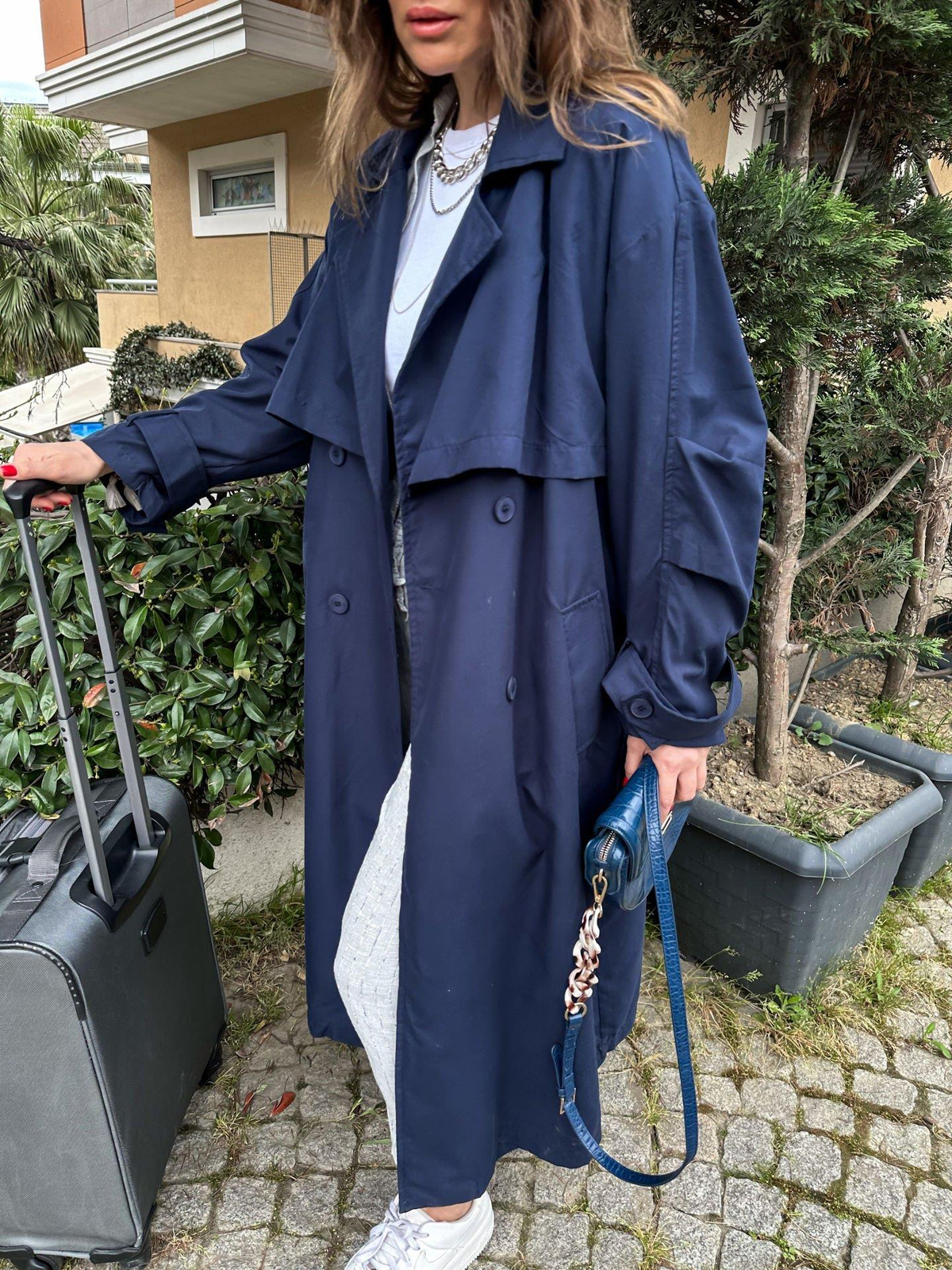 Lacivert Kuşaklı Oversize Trençkot