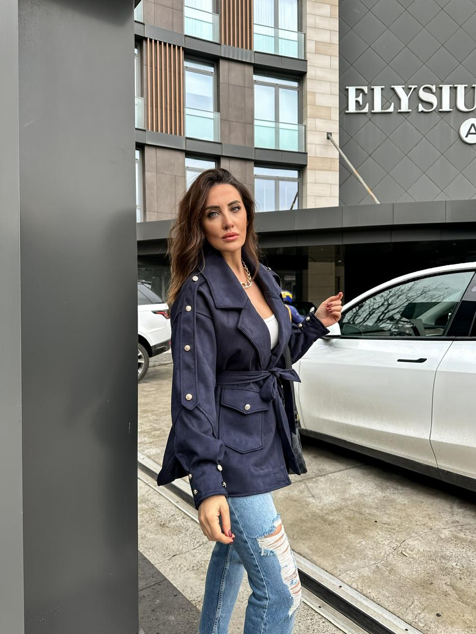 Lacivert Kuşaklı Tasarım Süet Ceket