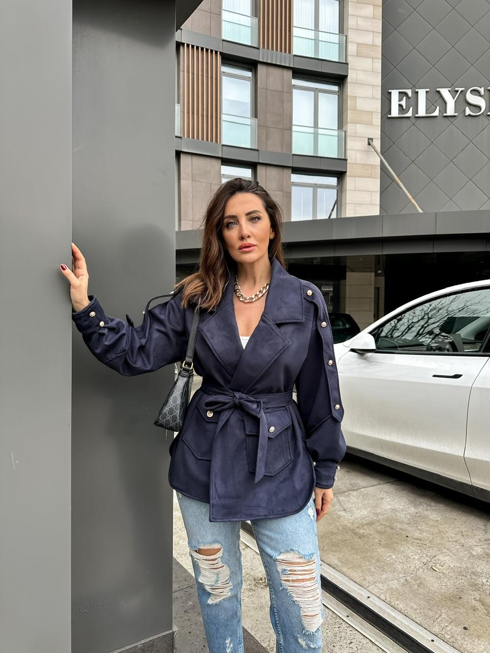 Lacivert Kuşaklı Tasarım Süet Ceket