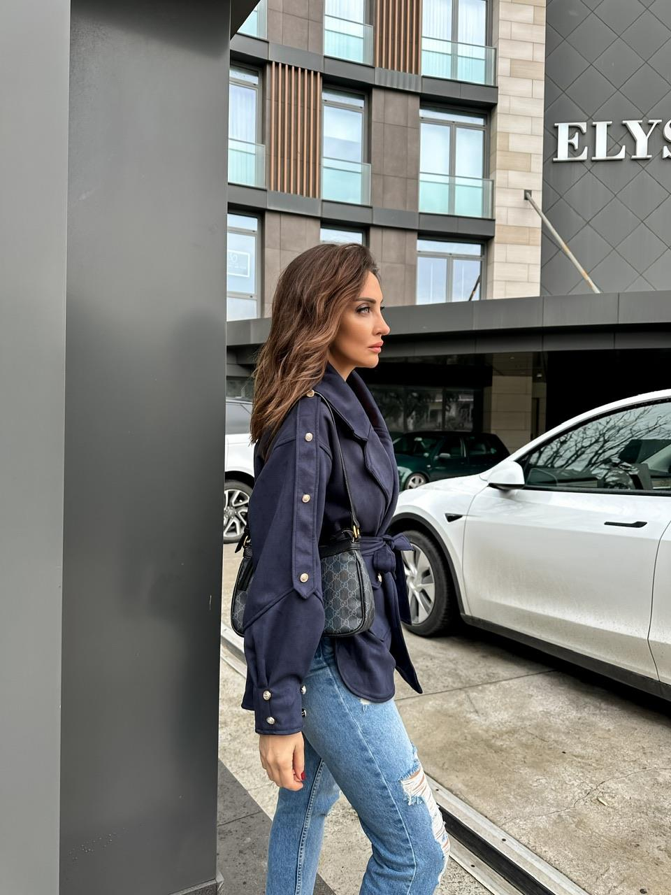 Lacivert Kuşaklı Tasarım Süet Ceket