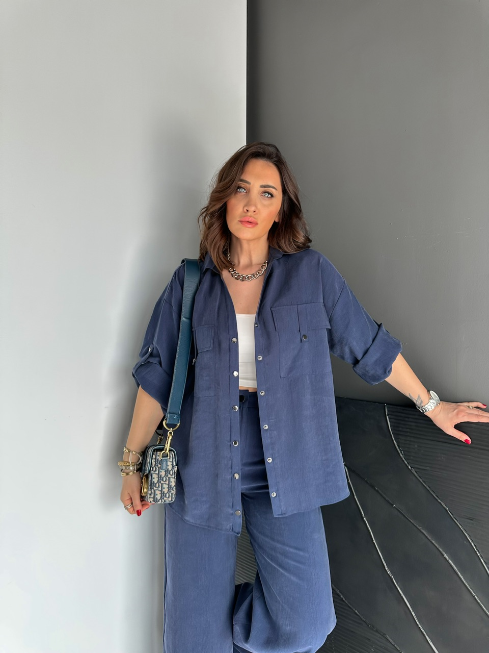 Lacivert Manşetli Çıtçıt Cepli Takım