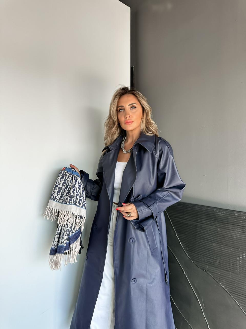 Lacivert Manşetli Kemerli Deri Trençkot
