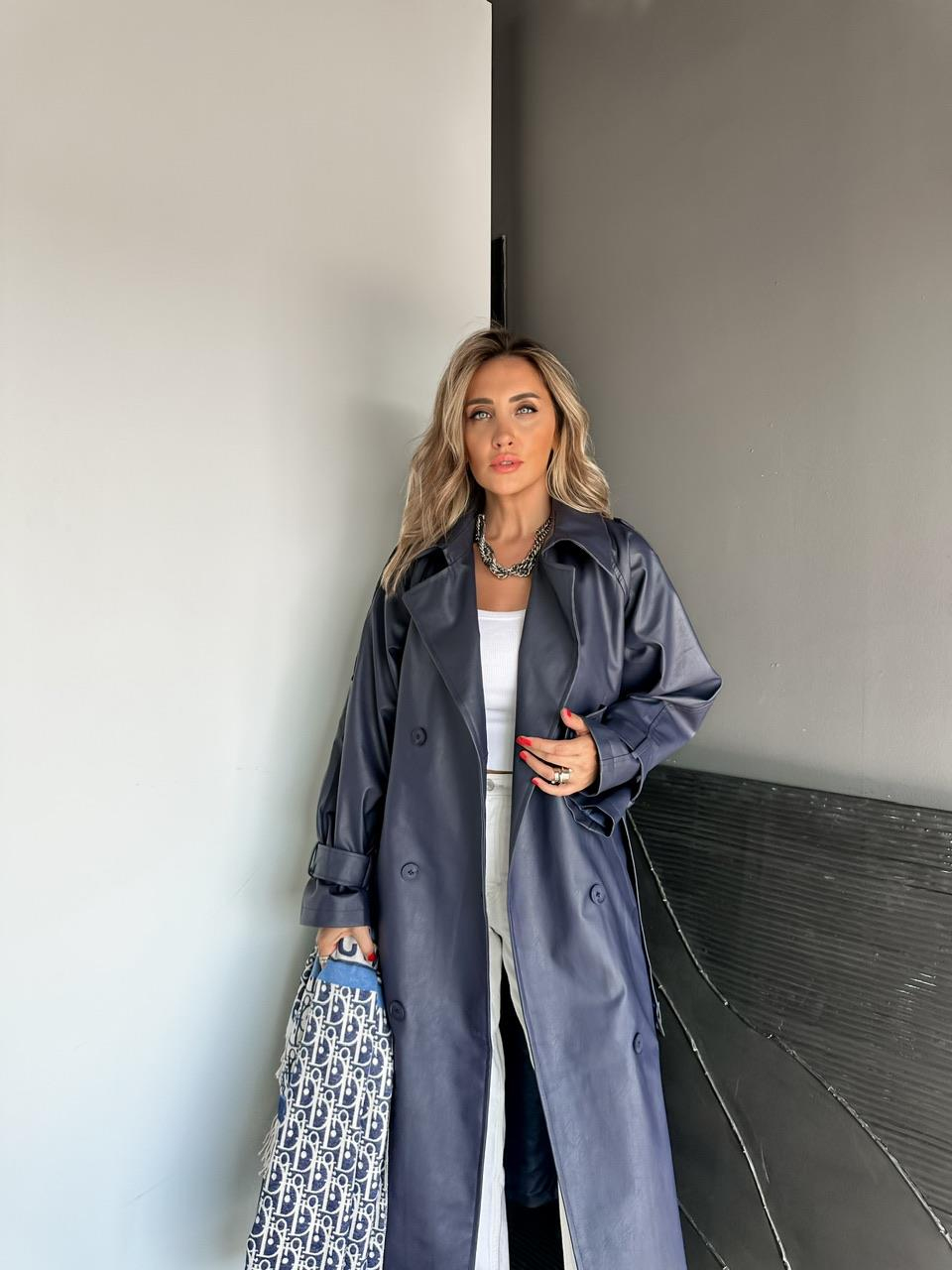 Lacivert Manşetli Kemerli Deri Trençkot