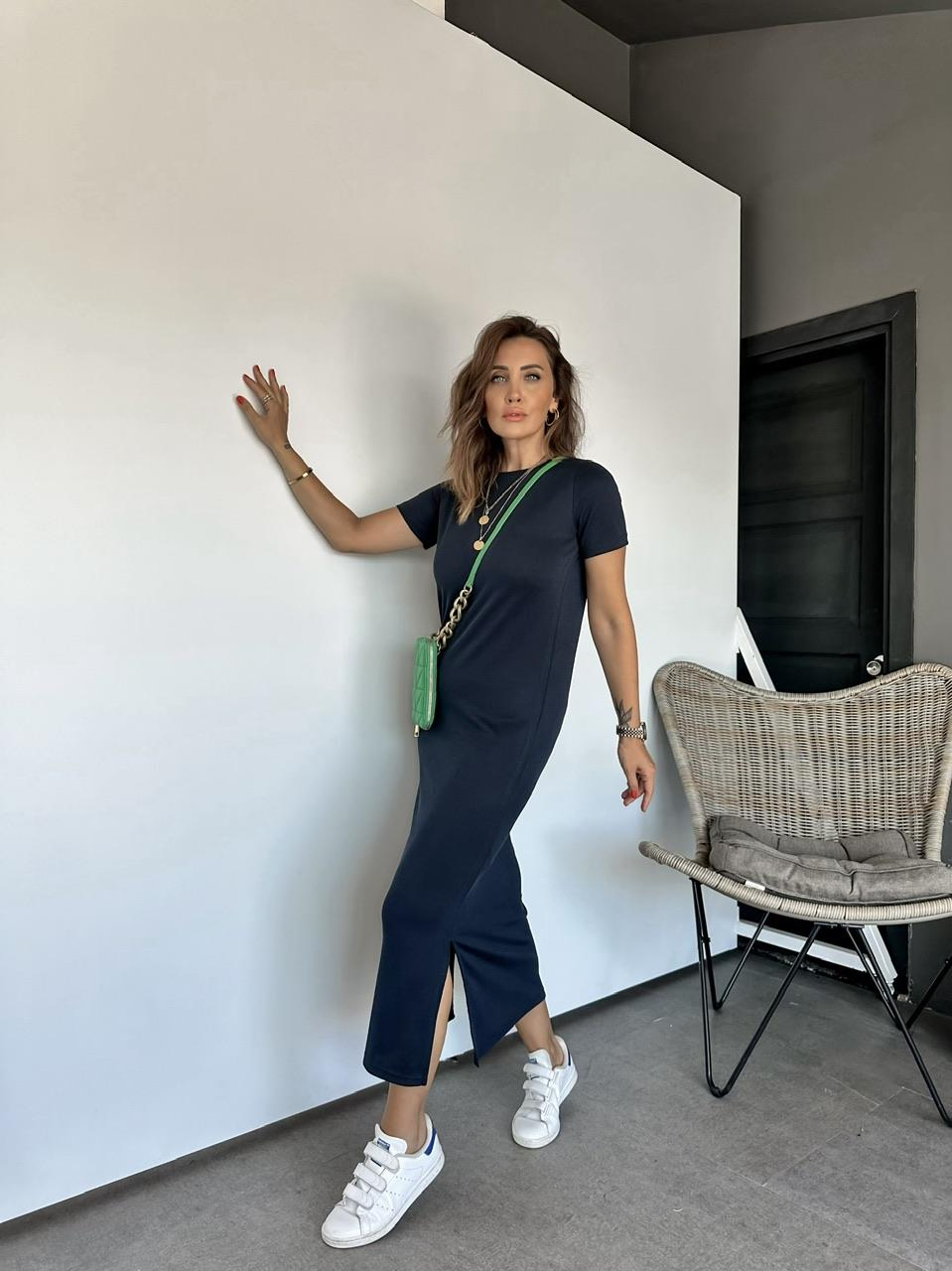 Lacivert Modal Yırtmaçlı Basic Elbise
