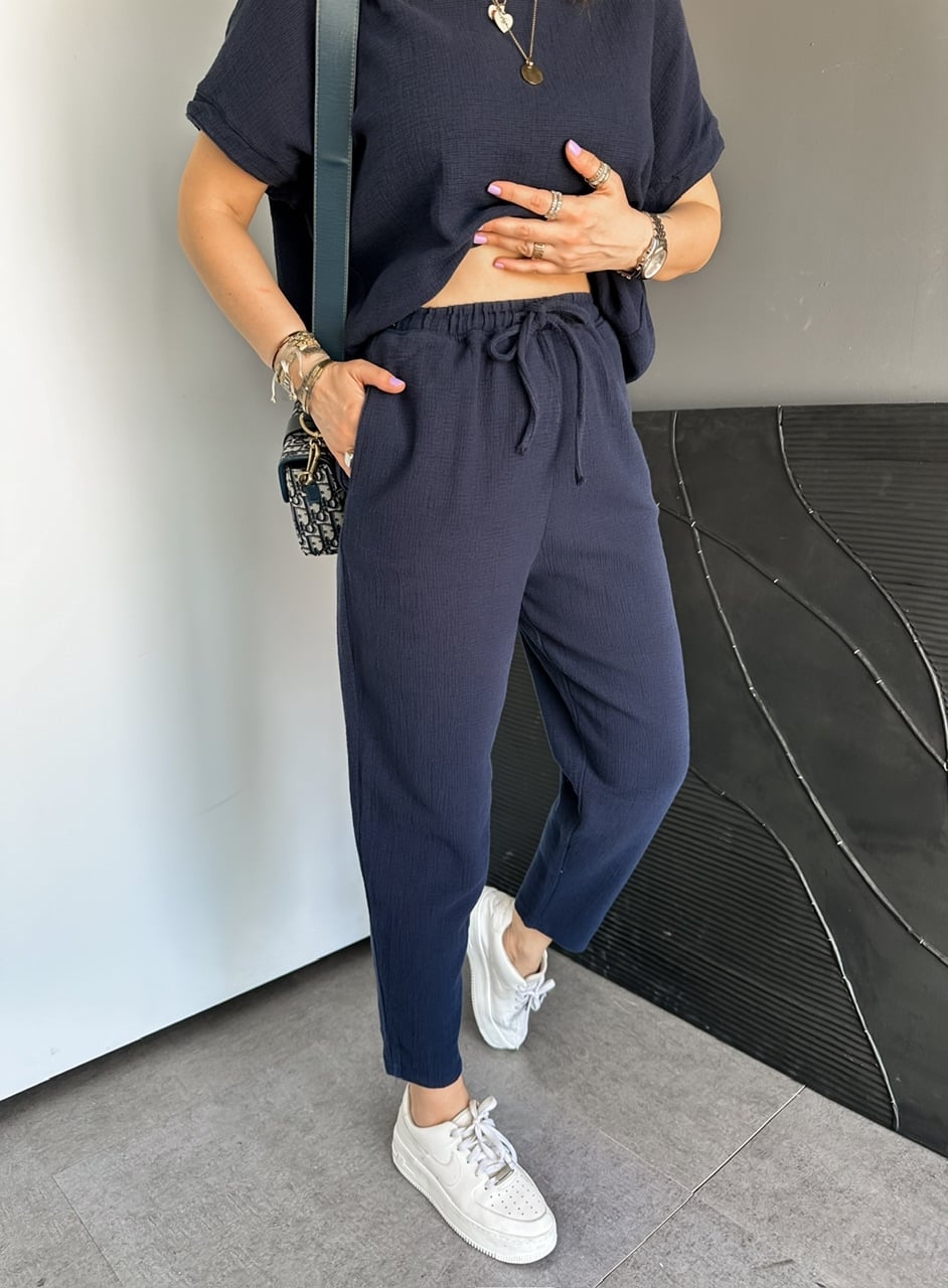 Lacivert Naturel Keten Dokulu Takım