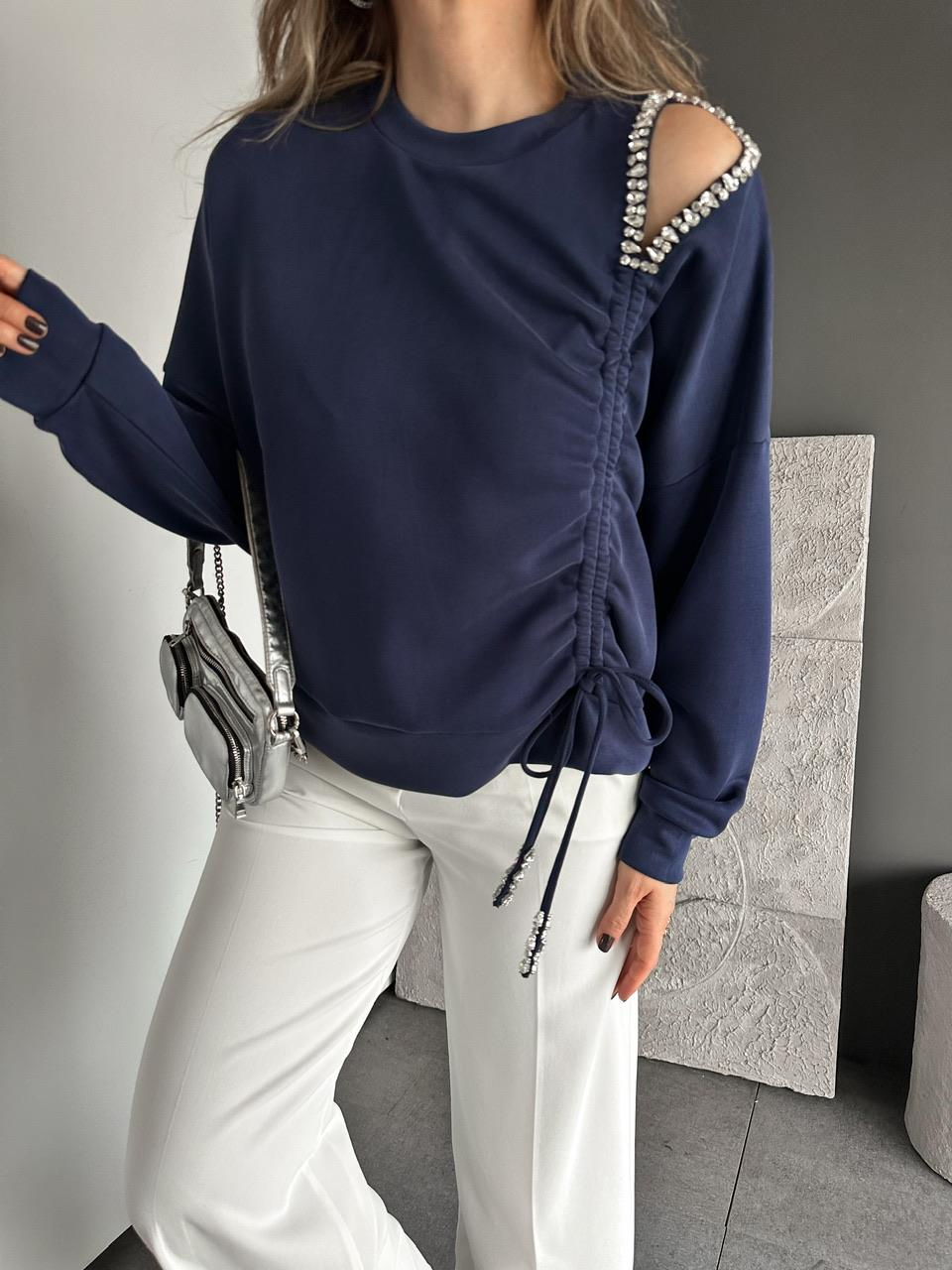 Lacivert Omuz Dekolteli Taşlı Sweatshirt