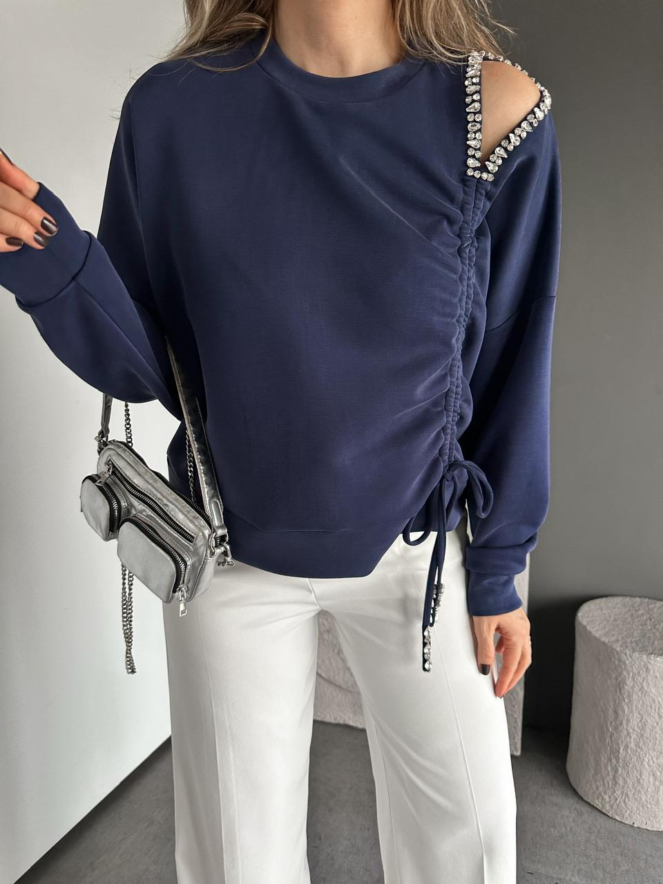 Lacivert Omuz Dekolteli Taşlı Sweatshirt