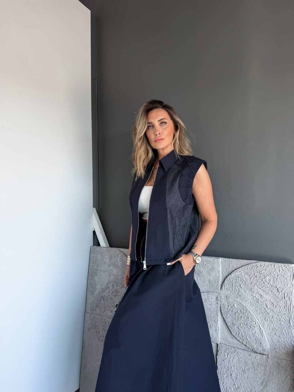 Lacivert Omuz Tasarımlı Yelek Etek Takım