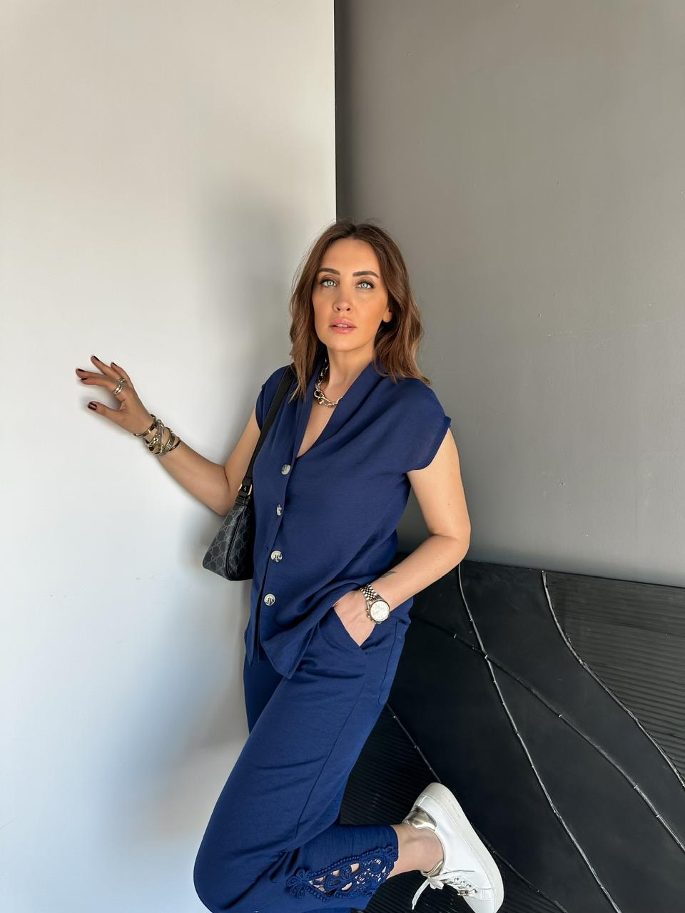 Lacivert Paçası Fistolu Keten Takım