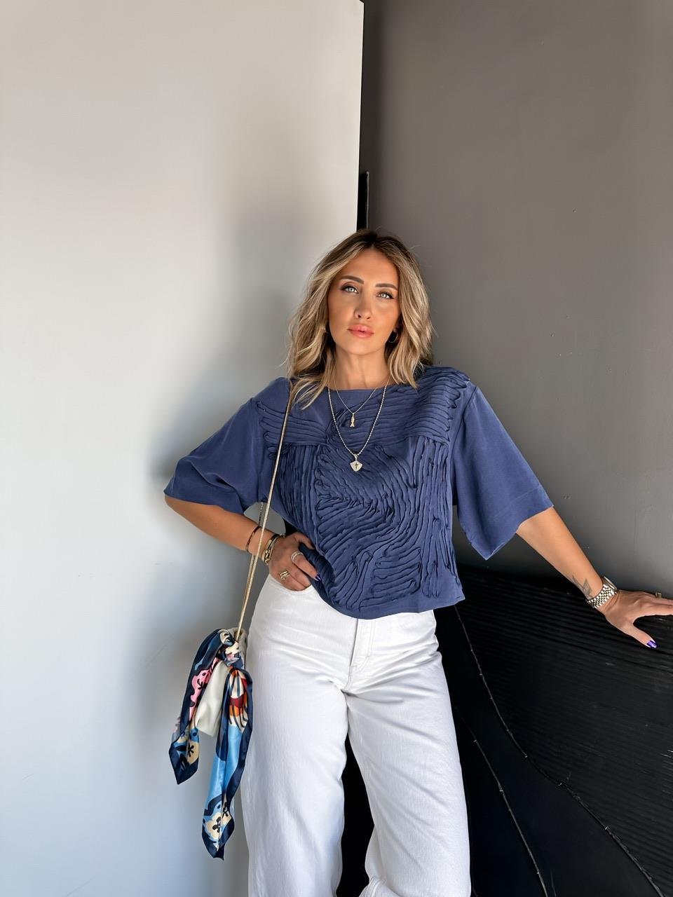 Lacivert Parça Dikişli Tasarım Soft Bluz