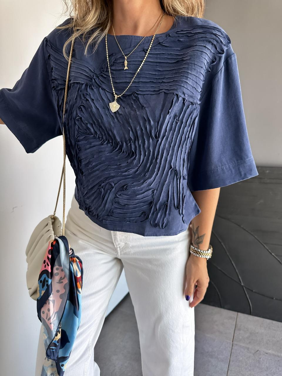 Lacivert Parça Dikişli Tasarım Soft Bluz