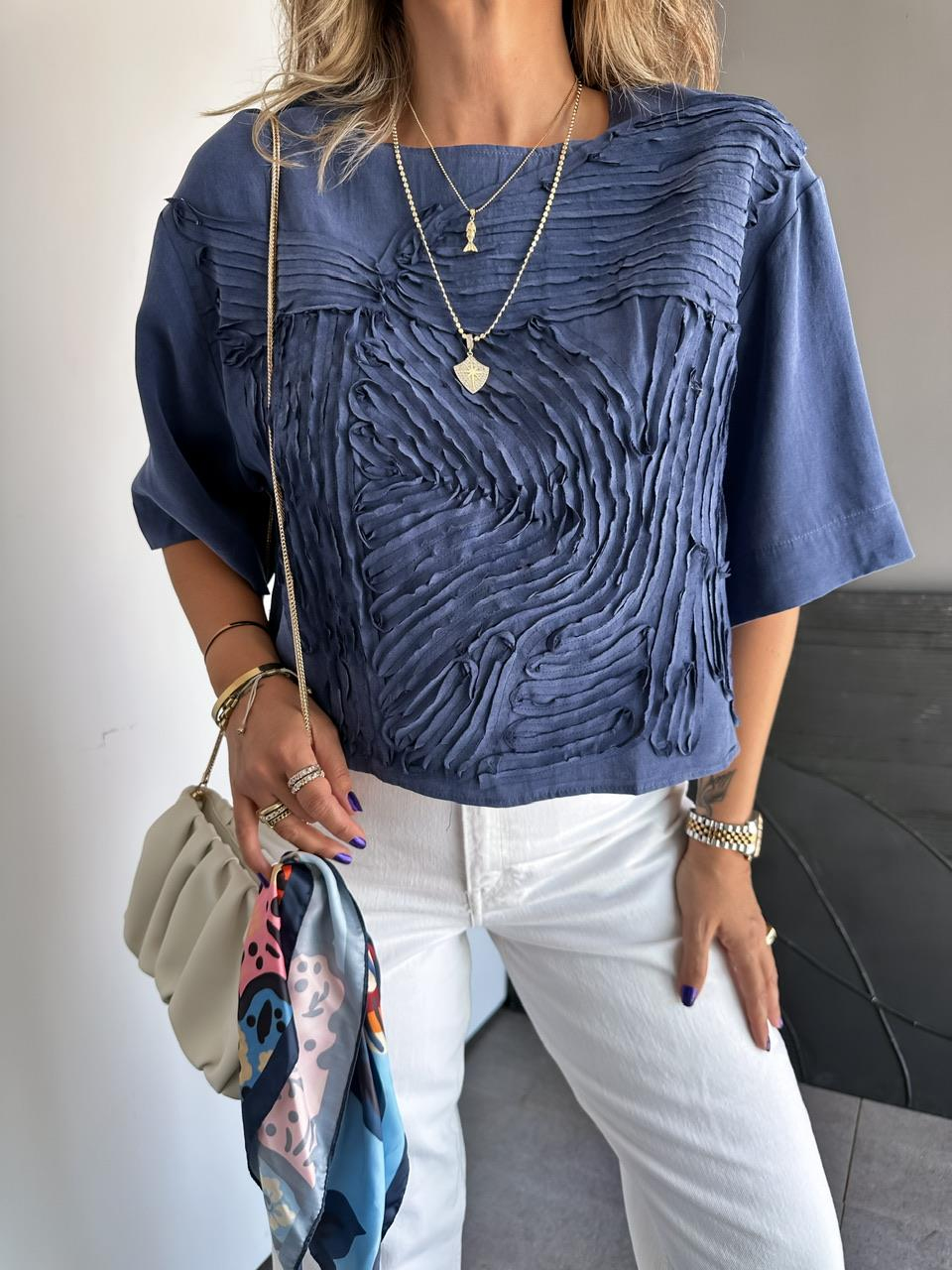 Lacivert Parça Dikişli Tasarım Soft Bluz