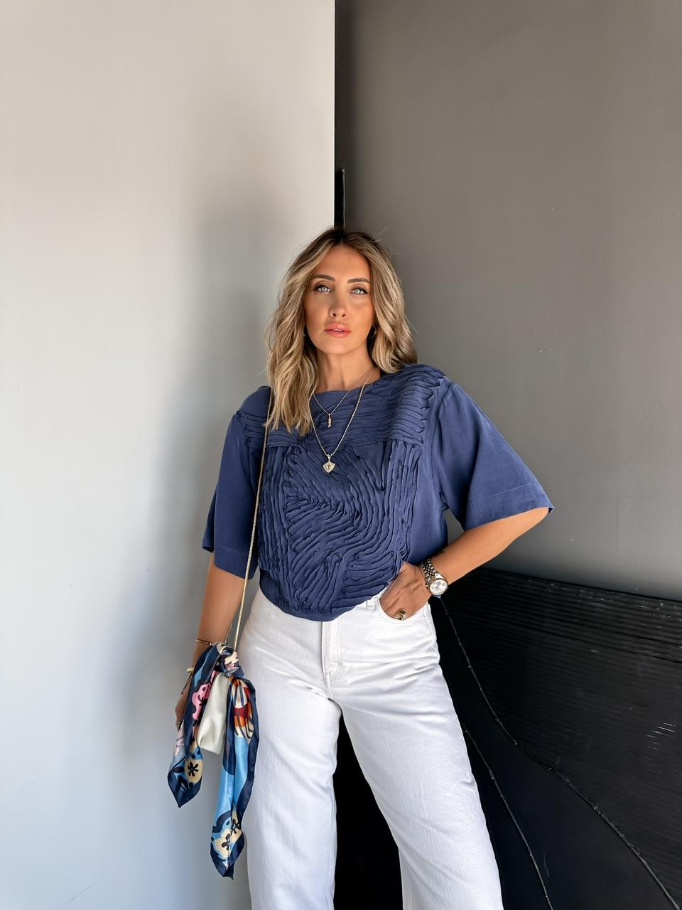 Lacivert Parça Dikişli Tasarım Soft Bluz