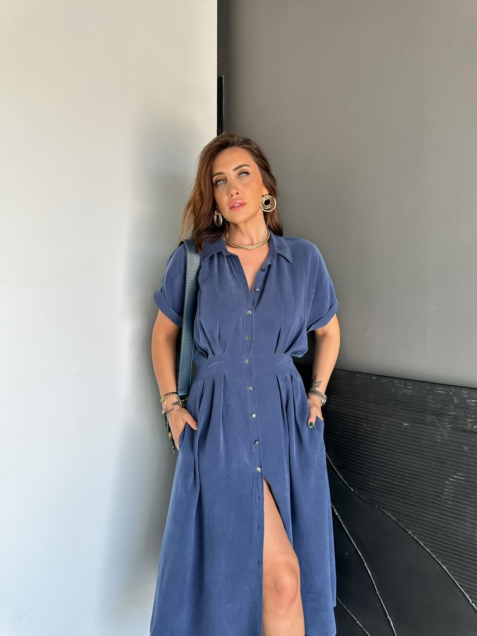 Lacivert Pensli Cepli Elbise