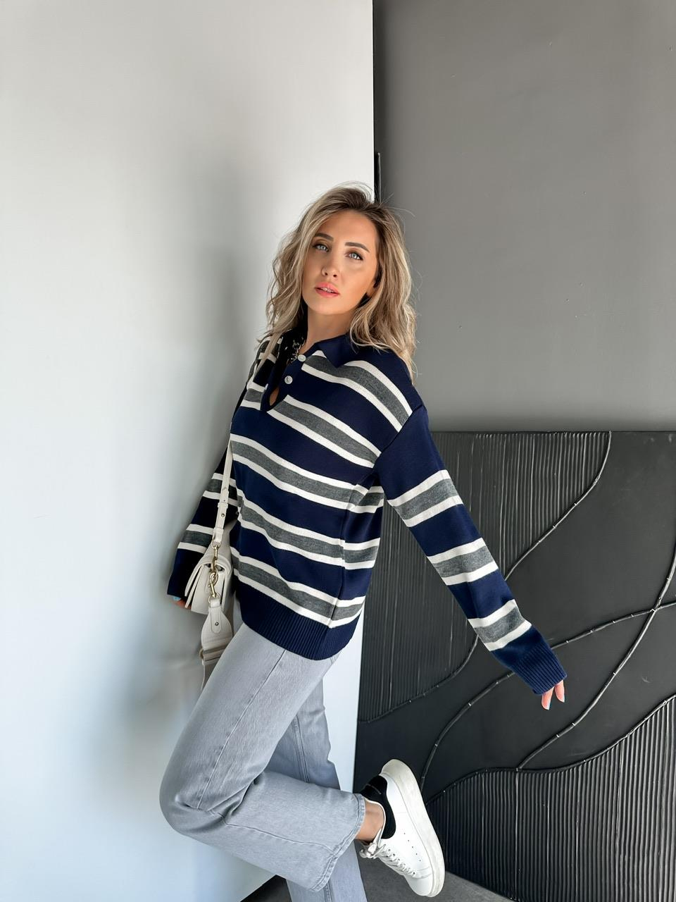Lacivert Polo Yaka Çizgili Kazak