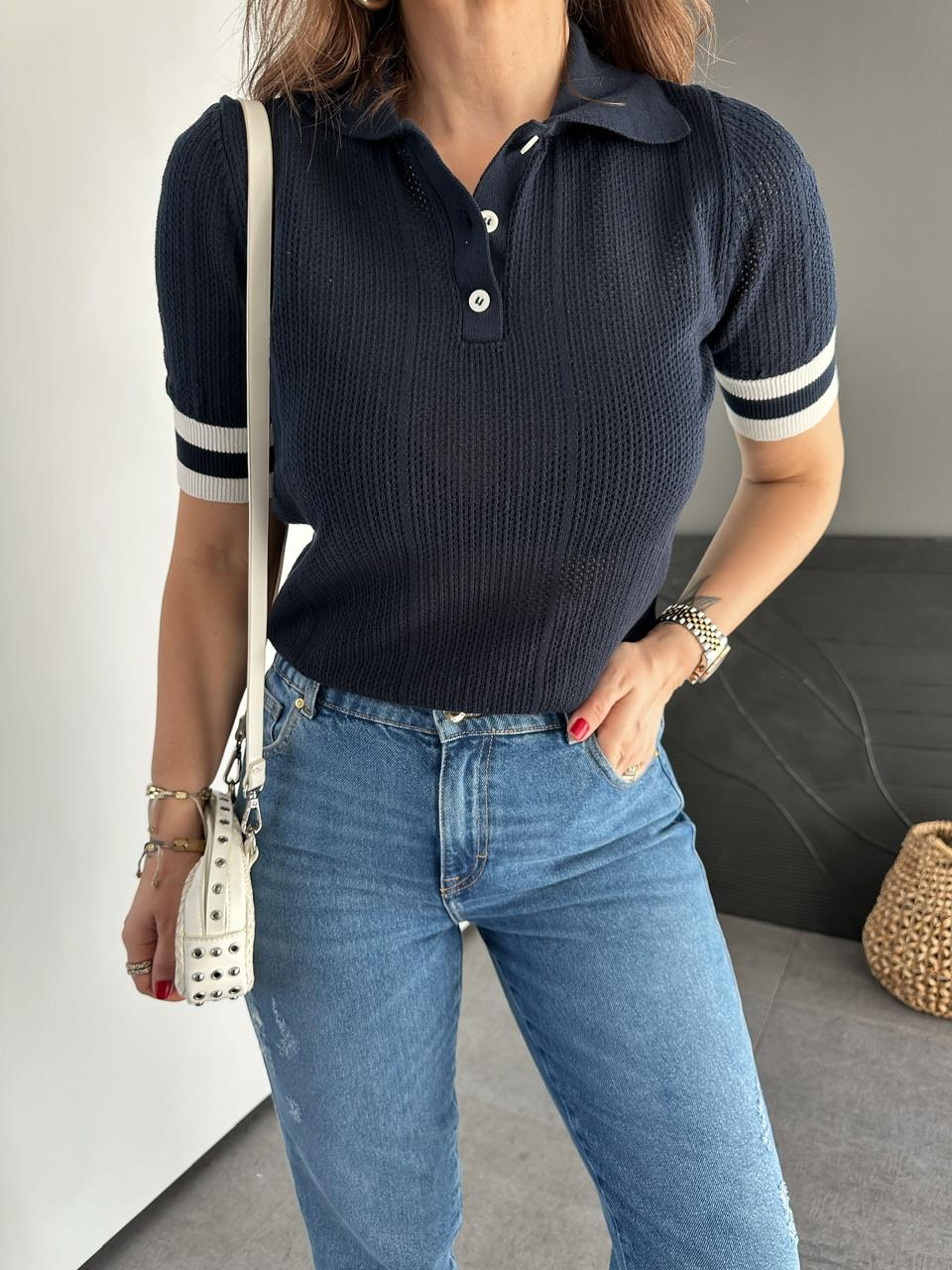 Lacivert Polo Yaka Şeritli Triko