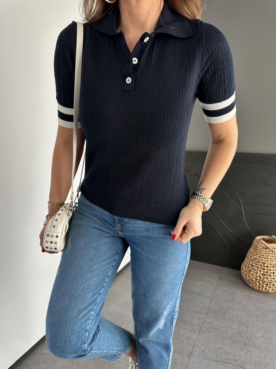 Lacivert Polo Yaka Şeritli Triko