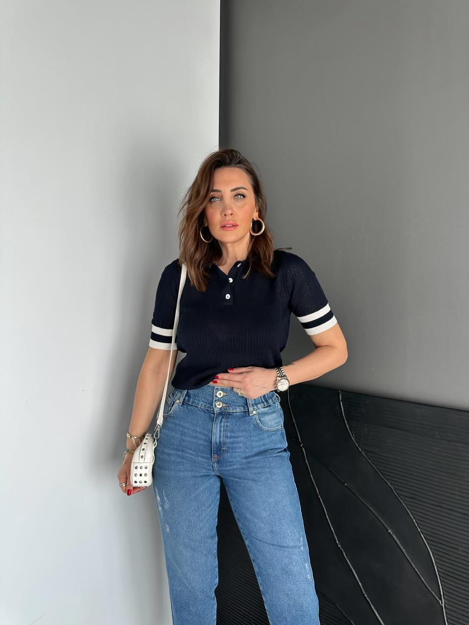 Lacivert Polo Yaka Şeritli Triko