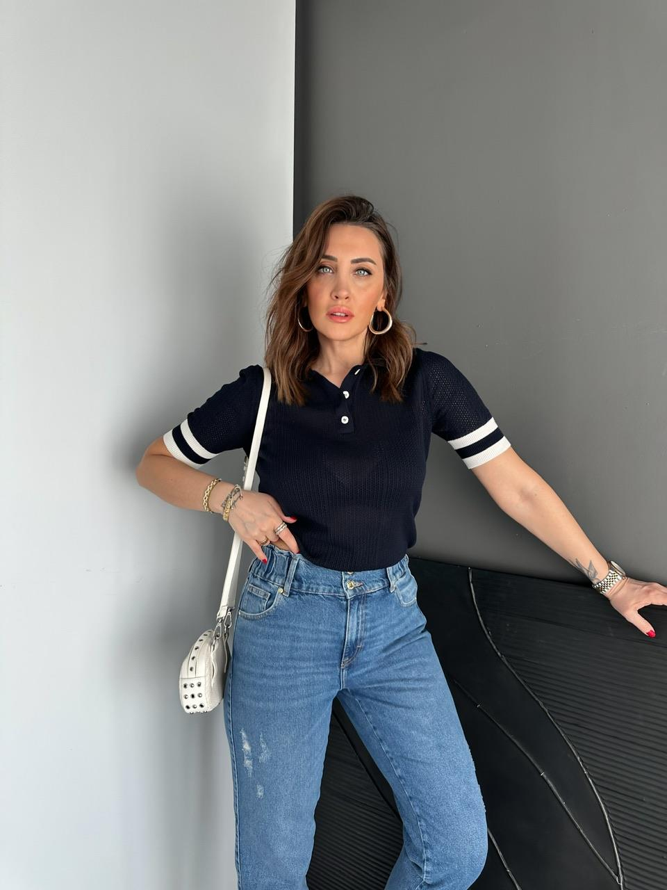 Lacivert Polo Yaka Şeritli Triko