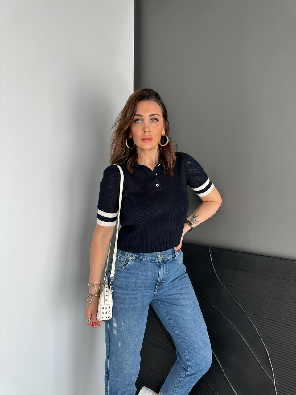Lacivert Polo Yaka Şeritli Triko