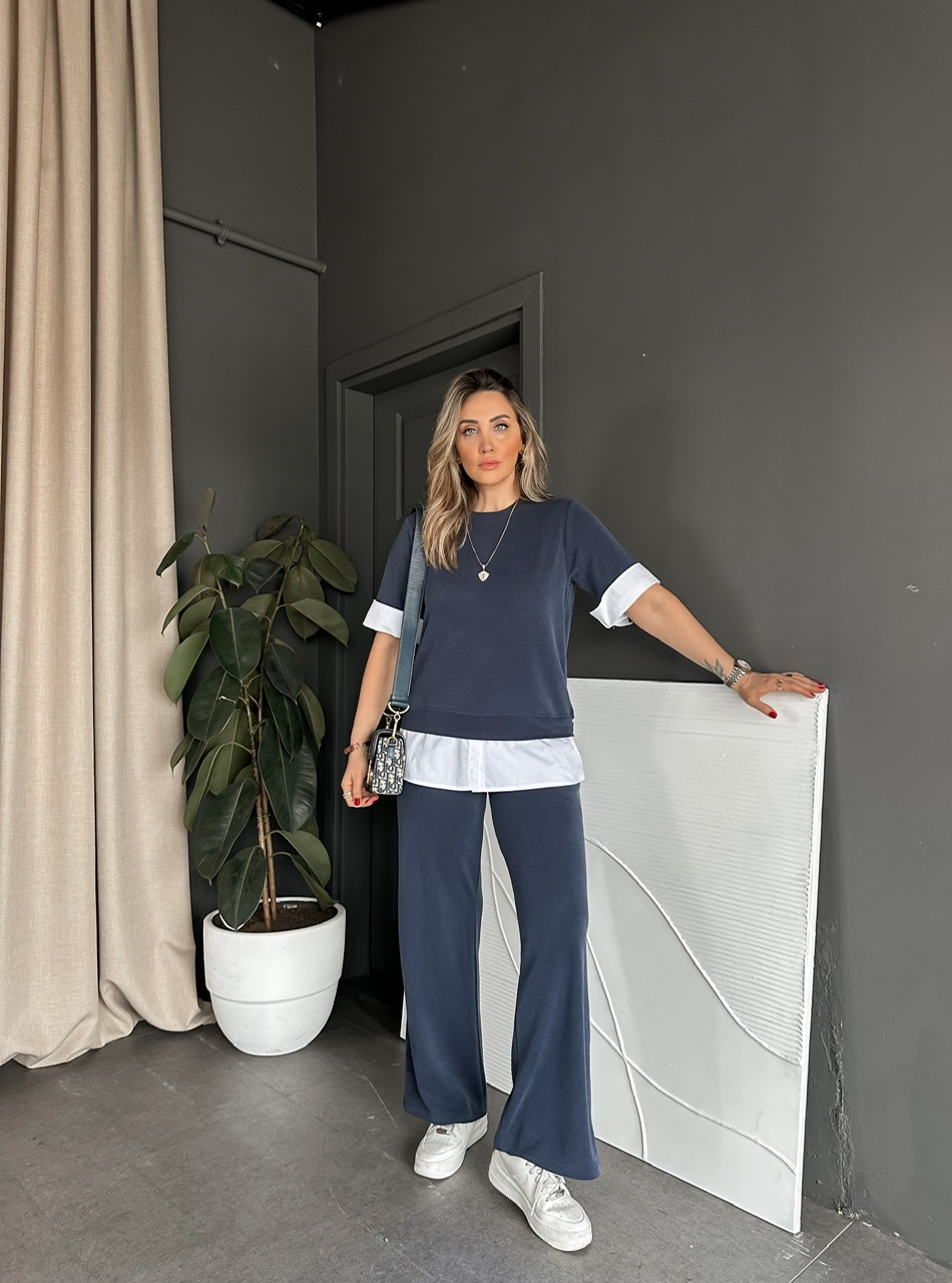 Lacivert Poplin Detaylı Modal Takım