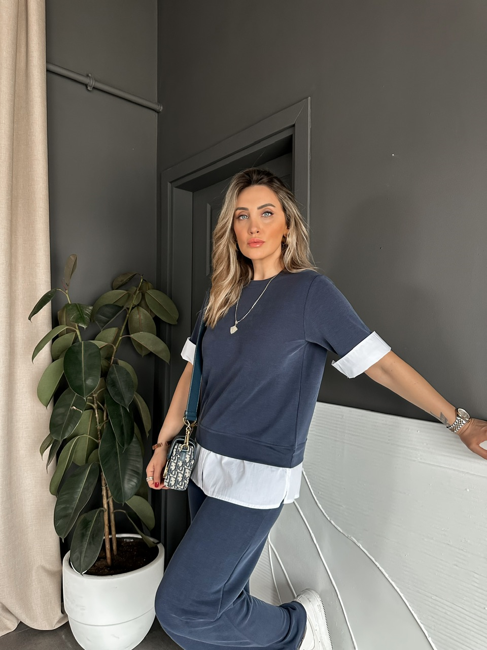 Lacivert Poplin Detaylı Modal Takım