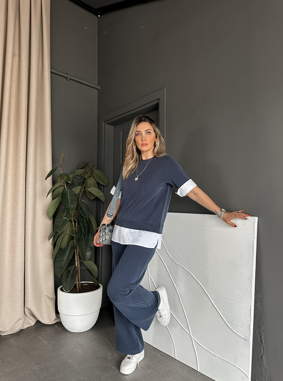Lacivert Poplin Detaylı Modal Takım