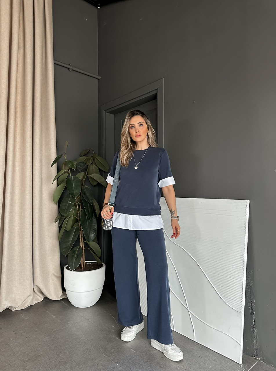 Lacivert Poplin Detaylı Modal Takım
