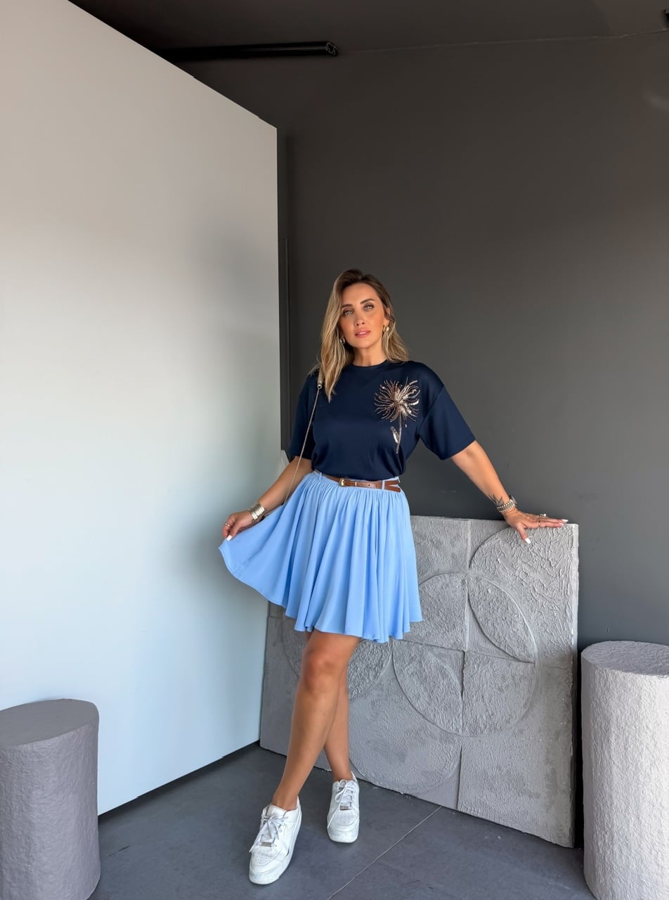 Lacivert Pul Çiçekli Marka Model Tshirt
