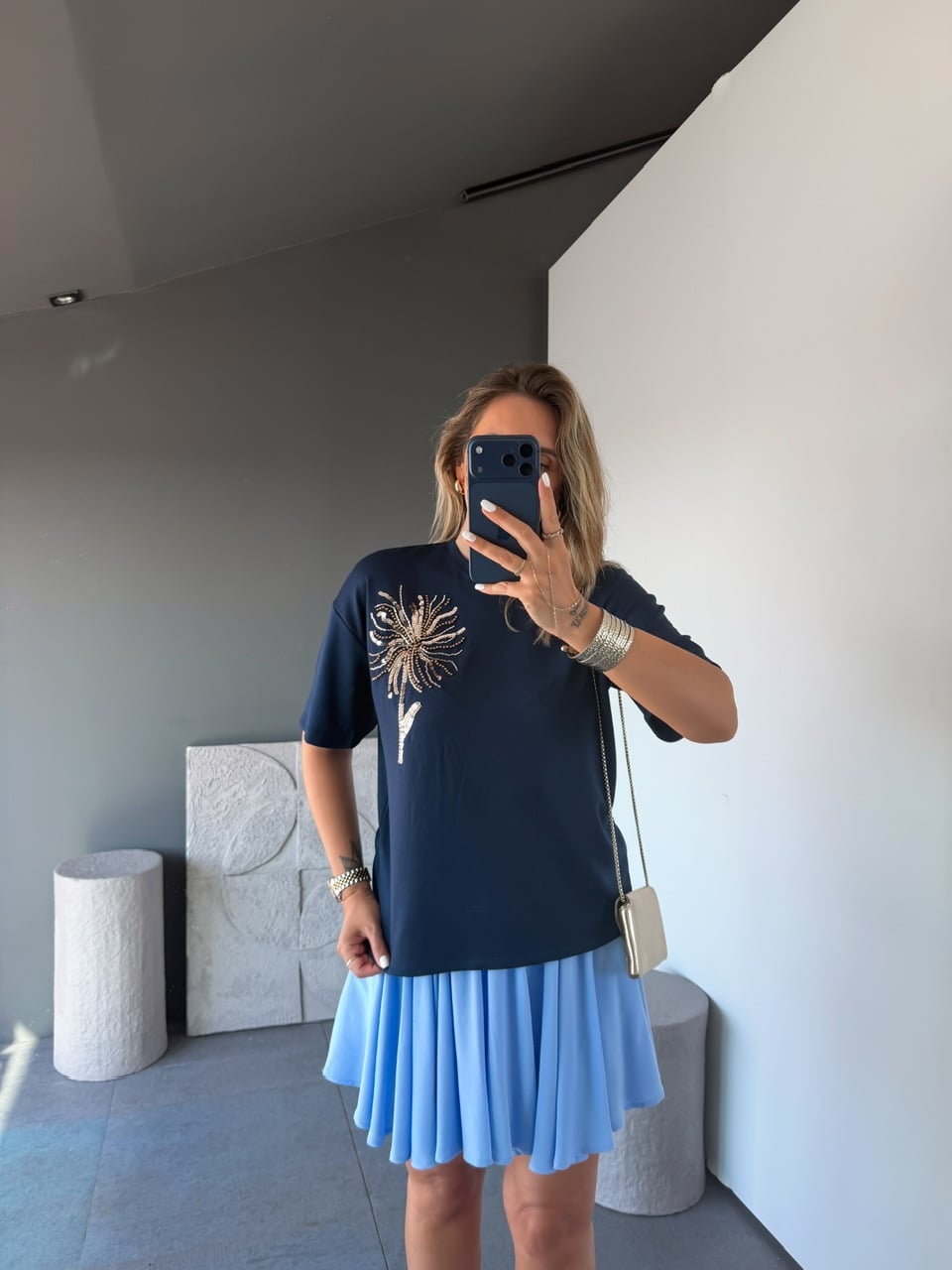 Lacivert Pul Çiçekli Marka Model Tshirt