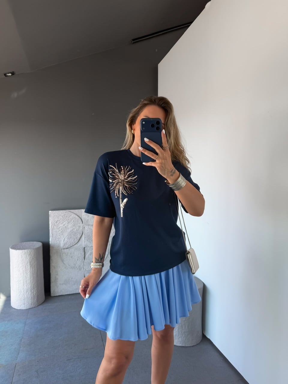 Lacivert Pul Çiçekli Marka Model Tshirt
