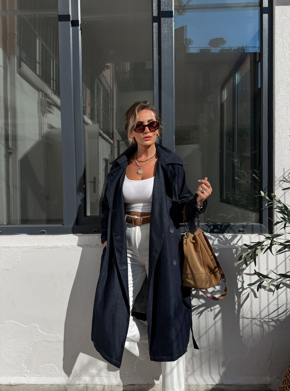 Lacivert Salaş Denim Trençkot
