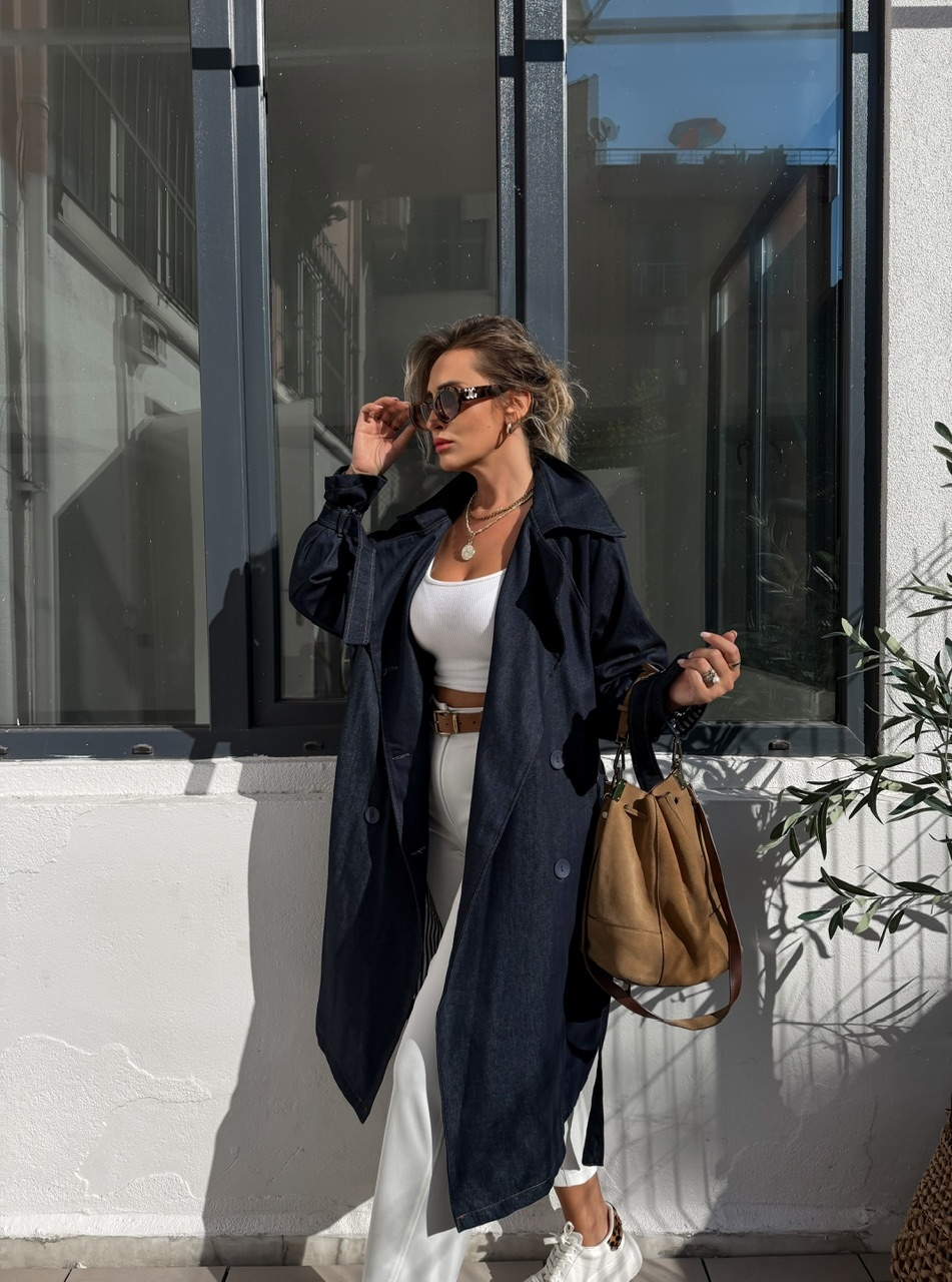 Lacivert Salaş Denim Trençkot