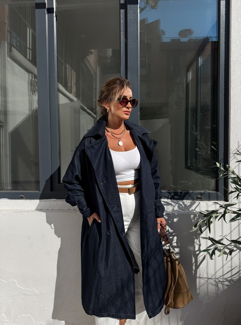 Lacivert Salaş Denim Trençkot