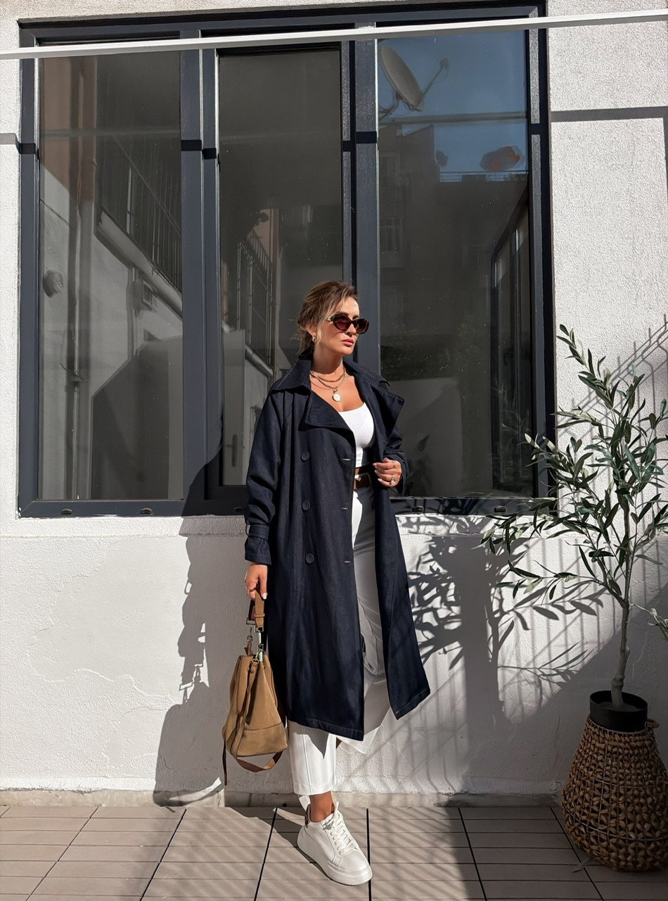 Lacivert Salaş Denim Trençkot