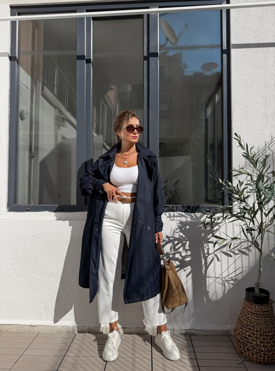 Lacivert Salaş Denim Trençkot