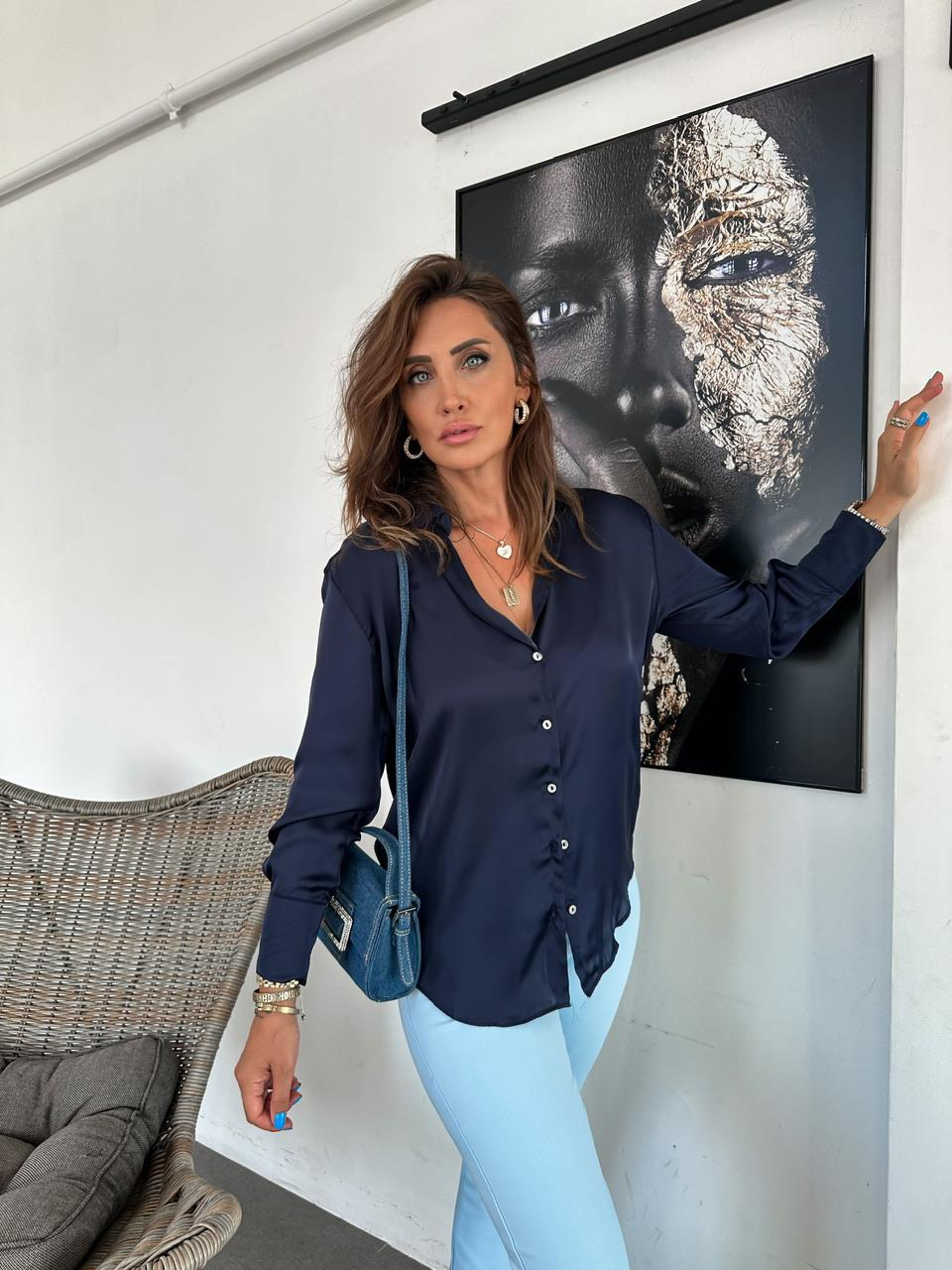 Lacivert Saten Sedef Düğmeli Gömlek 