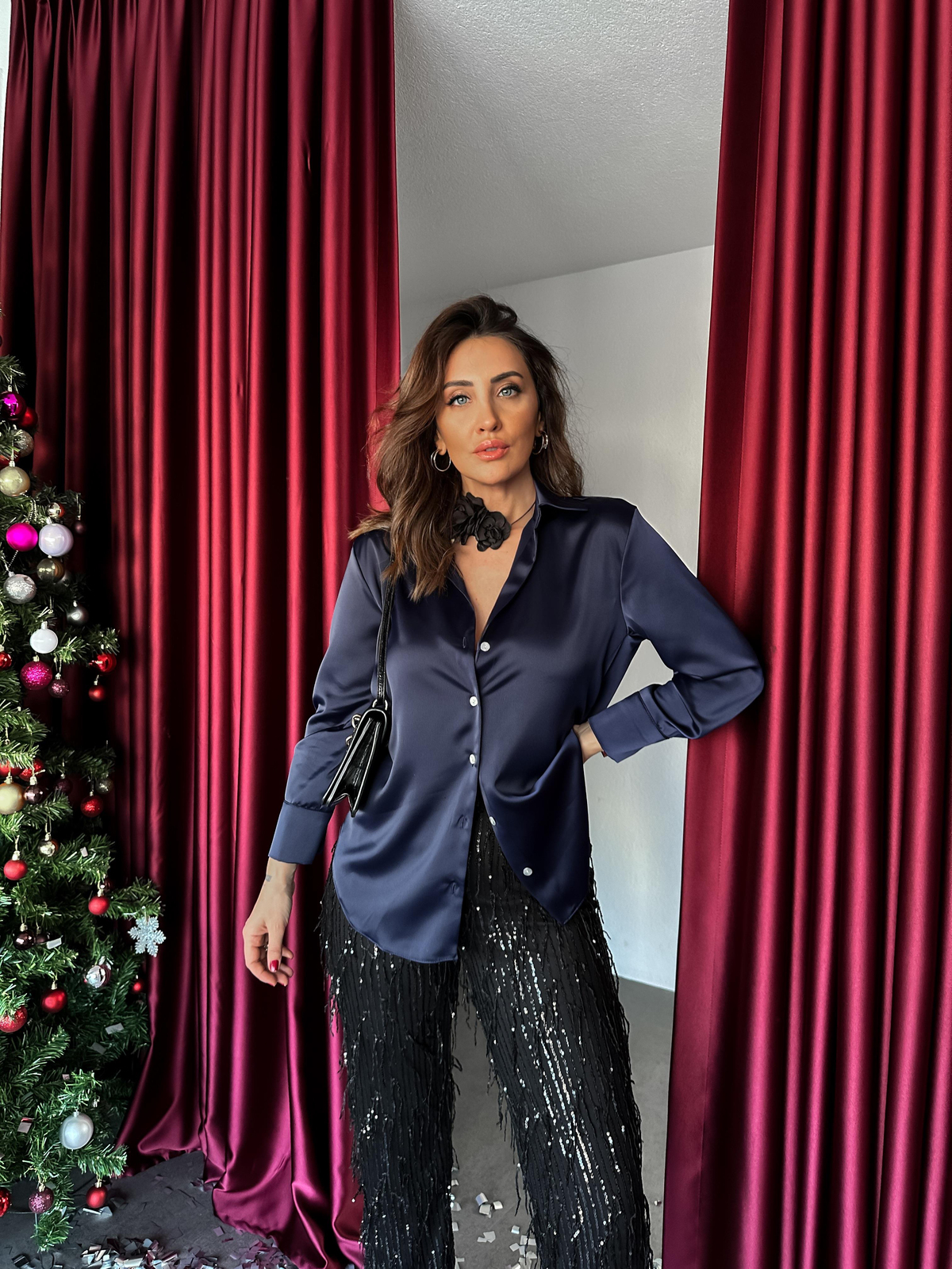 Lacivert Saten Şık Gömlek