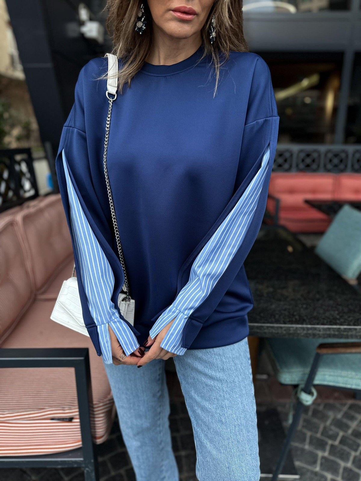 Lacivert Scuba Tasarım Kollu Sweatshirt