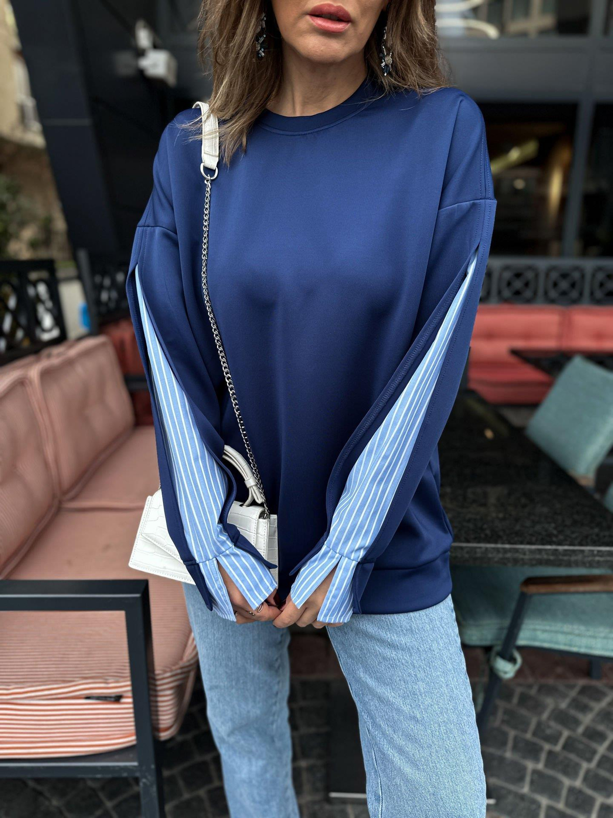 Lacivert Scuba Tasarım Kollu Sweatshirt